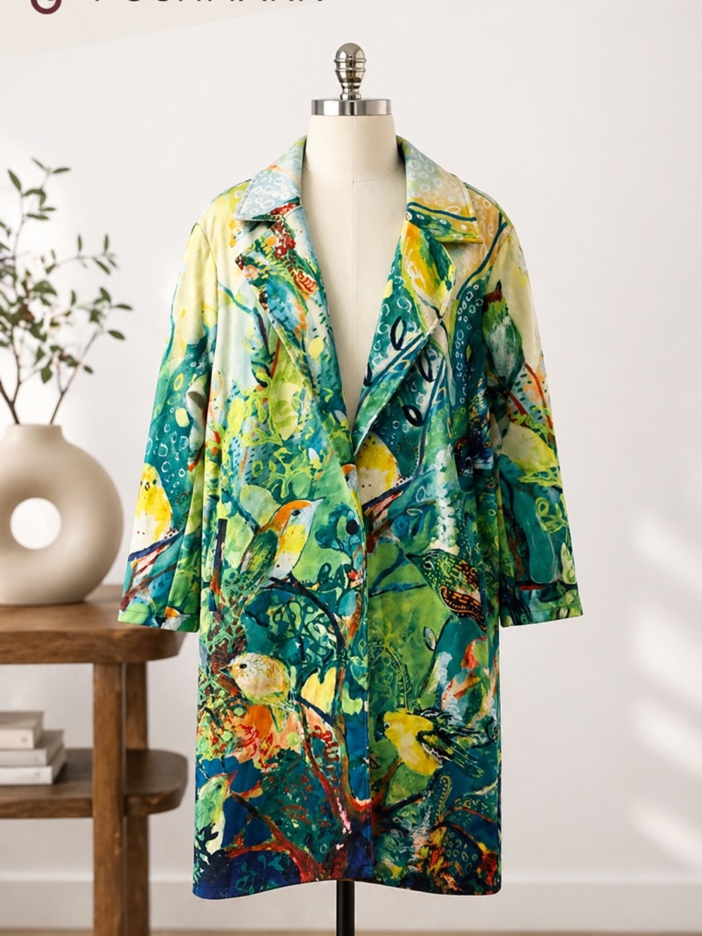 Plus Size 3XL Artistic Bird Print Statement Coat Jacket